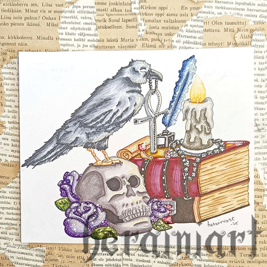 Korppi ja kirjat -alkuperäiskuvitus